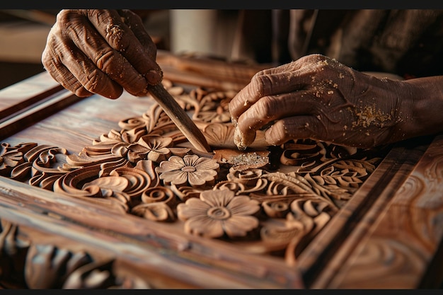 Handwerker, die komplizierte Muster in Holzschnitzereien schnitzen