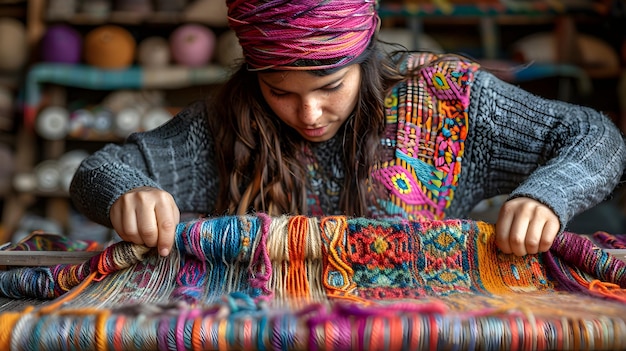 Handwerker, die Wandteppiche weben, sorgfältige Handwerkskunst