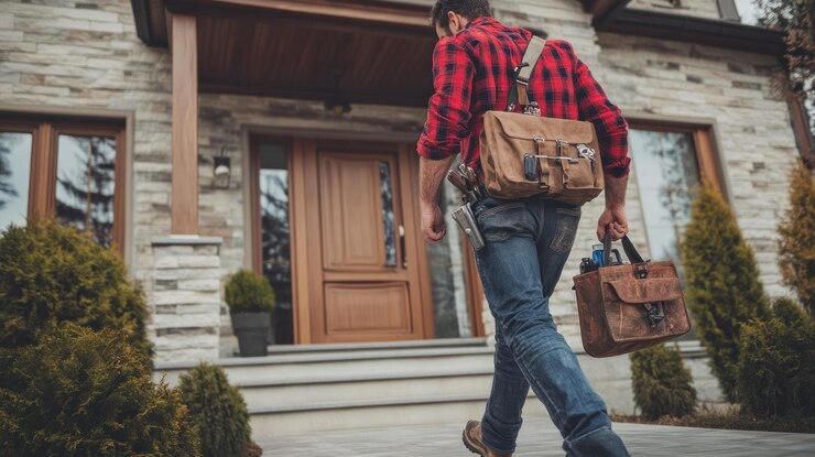 Foto handwerker geht in richtung hauseingang