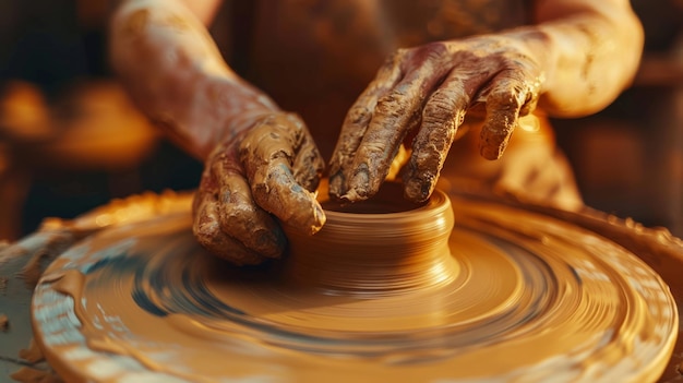 Handwerker in einem Töpferstudio, die Ton auf dem Rad formen