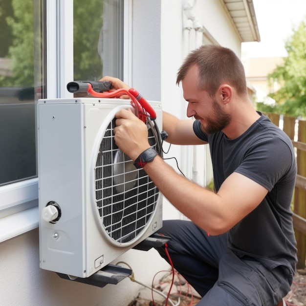 Handwerker installiert eine Wärmepumpe für die Heizung eines Hauses