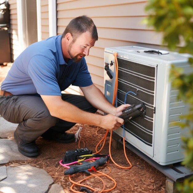 Handwerker installiert eine Wärmepumpe für die Heizung eines Hauses