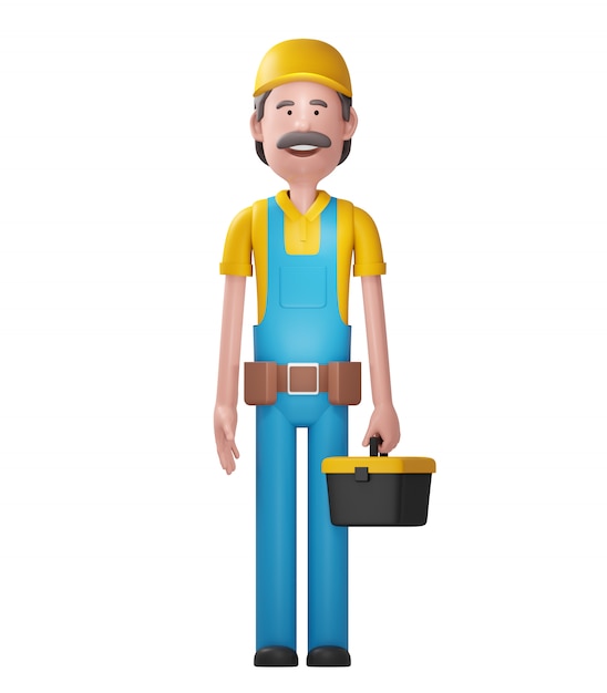 Handwerker mit dem Werkzeugkasten. 3D-Illustration