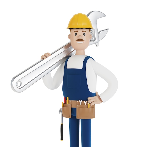 Handwerker mit einem großen Schraubenschlüssel 3D-Illustration im Cartoon-Stil