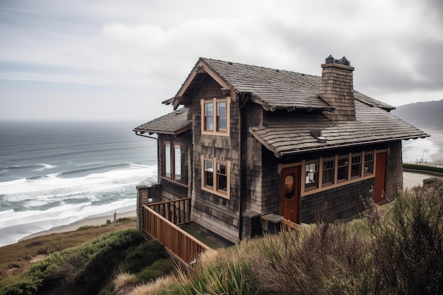 Handwerkerhaus mit Blick auf das Meer und die hereinrollenden Wellen