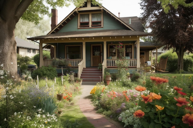 Handwerkerhaus mit Veranda-Schwingung und Blumen im Vorderhof