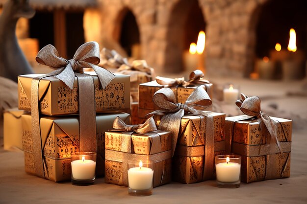 Handwerkliche Geschenkkisten mit beigen Bogen im Ethno-Stil und Kerzen im antiken Interieur Generative KI
