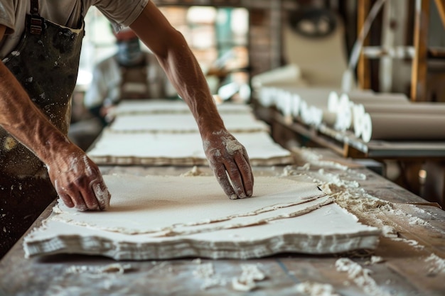 Handwerkliche Handhabung von Papier während des Papierherstellungsprozesses