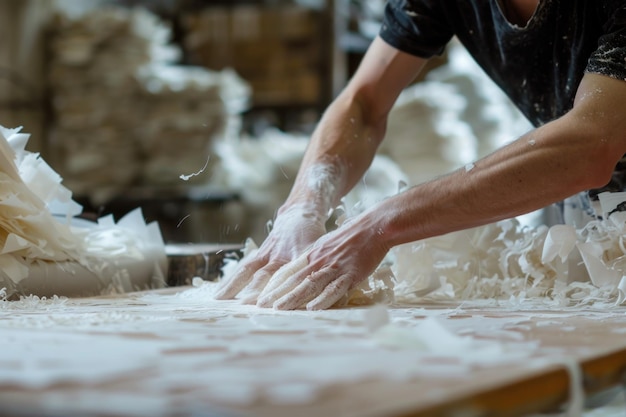 Handwerkliche Handhabung von Papier während des Papierherstellungsprozesses