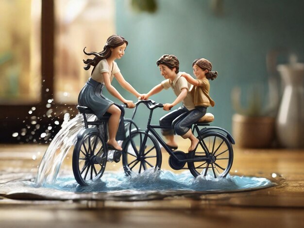 Handwerksstil eine Familie fährt ein Fahrrad und das Wasser kommt aus dem Wasserhahn auf der Wasserflasche