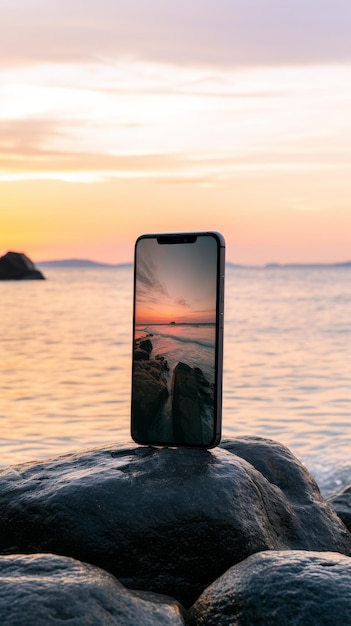 Handy auf einem Felsen am Meer