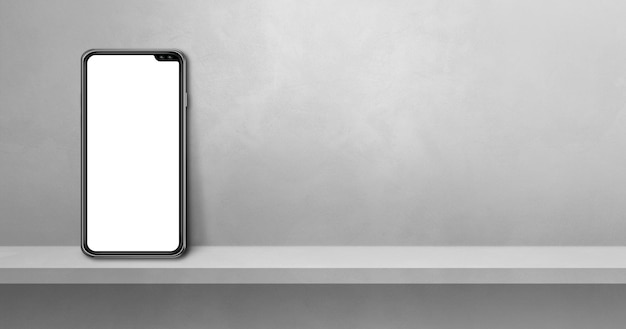 Handy auf grauem Wandregal. Horizontale Hintergrundfahne. 3D-Illustration