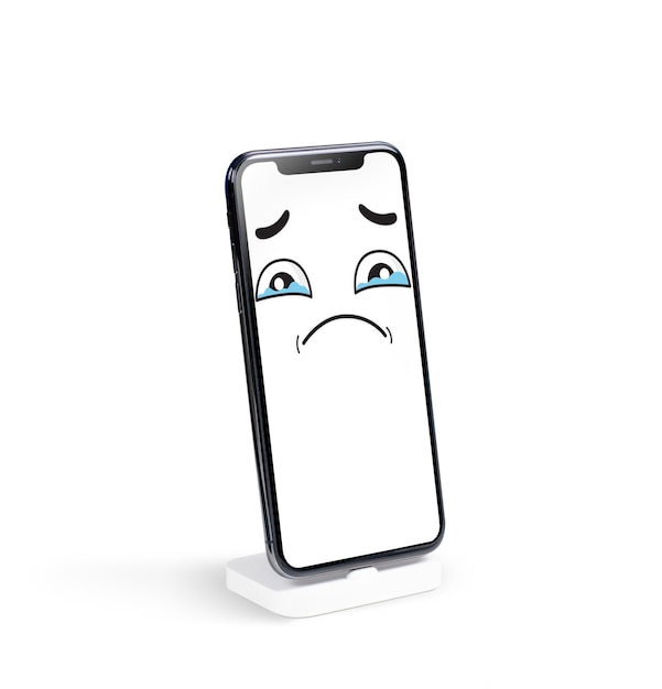 Handy-Bildschirm-Mockup und trauriges Gesicht Emoticon mit weinenden Augen voller Tränen