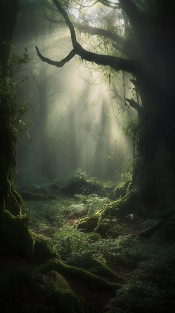 Handy-Hintergrund Waldlandschaft mit Sonnenlicht Generative KI