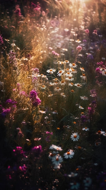 Handy-Hintergrundbild mit farbenfrohen Wildblumen, generatives KI-Bild