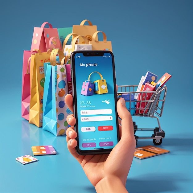 Handy oder Smartphone mit Ladenfront und farbenfrohen Einkaufspapiertüten Einkaufskorb Kreditkarte auf Bluefranchise Geschäft oder Online-Einkauf Konzept3d-Illustration oder 3d-Rendering
