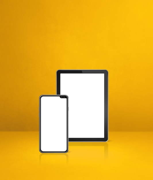 Handy und digitaler Tablet-PC auf gelb. 3D-Illustration