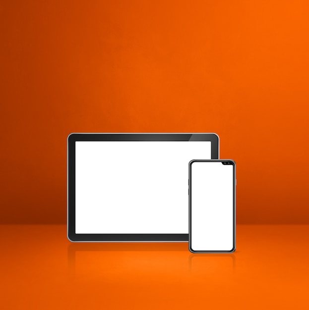 Handy und digitaler Tablet-PC auf orangefarbenem Schreibtisch. 3D-Illustration