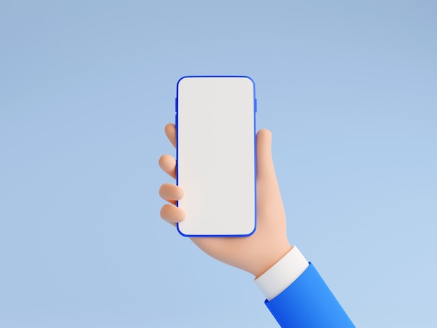 Handymodell in der menschlichen Hand 3D-Render-Illustration. Hand im blauen Anzug, der Smartphone mit leerem weißem Touchscreen hält - Gadget-Mockup-Banner auf blauem Hintergrund.