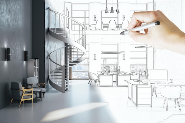 Handzeichnung Coworking-Büro-Interieur mit Treppe