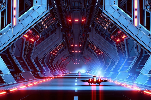 El hangar del avión de combate de ciencia ficción