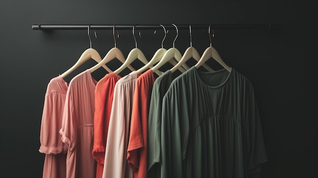 Hanger de roupas de mulher de moda em fundo preto com espaço de cópia para site de blog de moda e postagem em mídias sociais