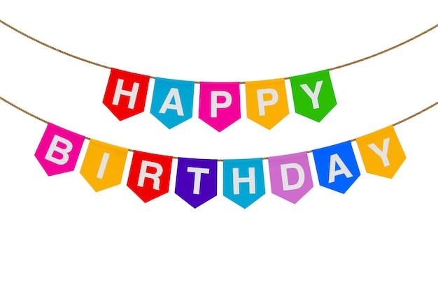 Foto hangigng multicolor party fags banner mit happy birthday sign 3d-rendering