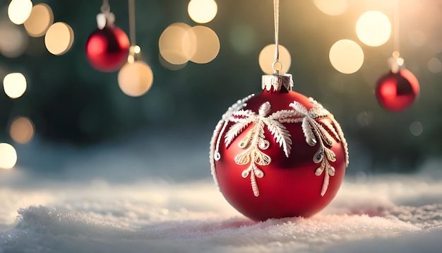 Hanging elegante bela bola de vidro vermelho árvore de Natal decoração usada para bandeira e fundo ou pano de fundo para saudações sazonais férias temporada de inverno luz de Natal sonhosa
