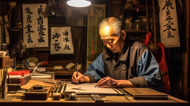 Hanoi Vietnã Outubro 2017 um mestre de caligrafia no Templo da Literatura de Hanoi