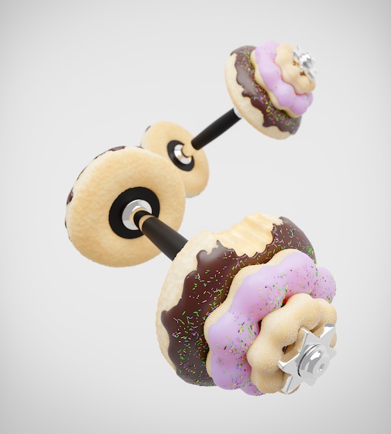 Hantel oder Langhantel in Form eines Donuts auf weißer Wand. 3D-Illustration.