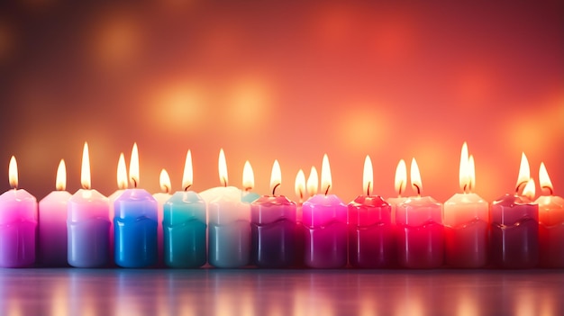 Hanukka é um feriado judaico de milagres, uma celebração da vitória na guerra entre a santidade e a impureza. É um feriado de inverno judaico de oito dias. As velas desfocam o fundo da faixa de cores, o espaço de cópia