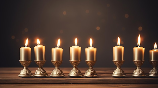 Hanukka é um feriado judaico de milagres, uma celebração da vitória na guerra entre a santidade e a impureza. É um feriado de inverno judaico de oito dias. As velas desfocam o fundo da faixa de cores, o espaço de cópia