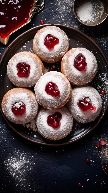 Hanukkah-Donuts mit Marmelade und Zuckerpulver