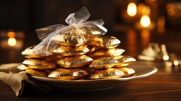 Hanukkah gelt em embalagens de papel de alumínio dourado brilhante