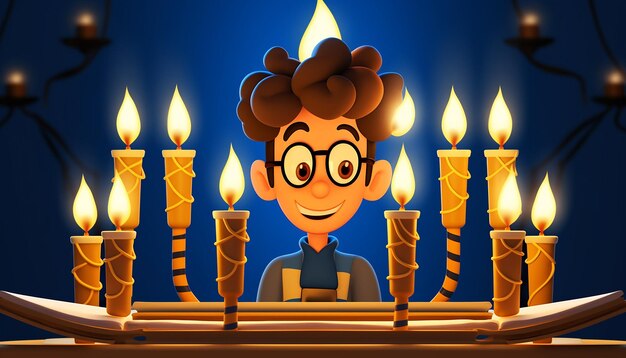 Foto hanukkah holiday un niño leyendo un libro en una mesa, una manorah con nueve velas, estilo de dibujos animados