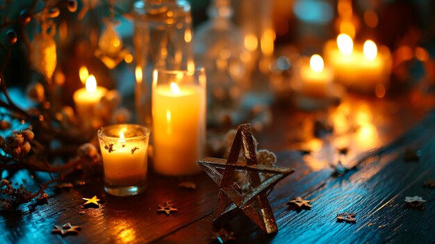 Hanukkah judía con menorá y velas en una mesa de madera