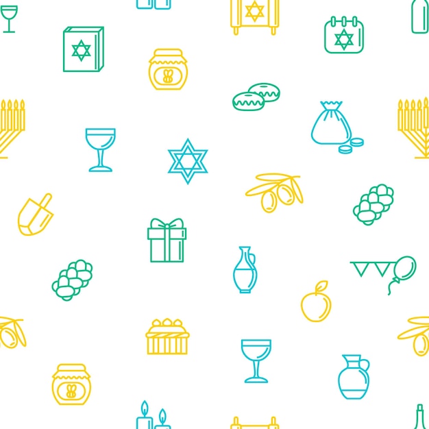 Hanukkah Línea delgada Fondo de patrón sin costuras en un símbolo blanco del judaísmo tradicional Celebración de la religión Ilustración vectorial de la festividad judía