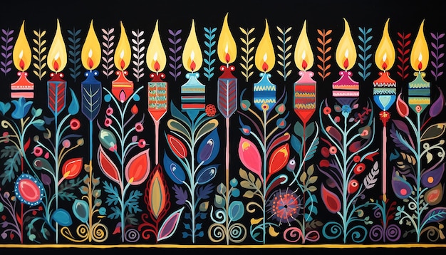 hanukkah menorah multicolor sobre un fondo negro gouache