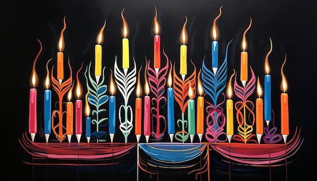 hanukkah menorah multicolor sobre un fondo negro gouache