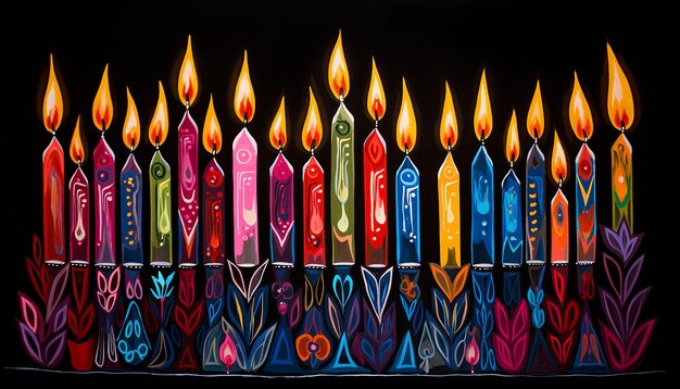 hanukkah menorah multicolor sobre un fondo negro gouache