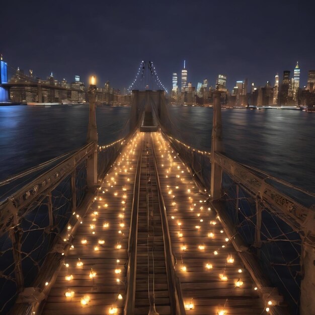 Hanukkah menorah símbolo de la fiesta tradicional judía puente de Brooklyn durante la noche en la ciudad de Nueva York con