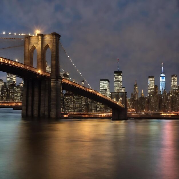 Hanukkah menorah símbolo de la fiesta tradicional judía puente de Brooklyn durante la noche en la ciudad de Nueva York con