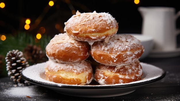 Hanukkah sufganiyot Donuts judíos tradicionales para Hanukkah con mermelada roja y azúcar en polvo AI