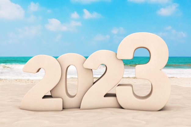 Happy 2023 New Year Concept 2023 Neujahrsschild am Sonnenstrand 3D-Rendering