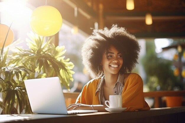 Happy American girl está trabajando en una computadora portátil en un café generativo ai