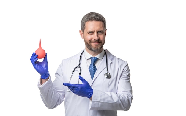 Happy Arzt zeigt Einlauf Medizinisches Verfahren Gastroenterologe, isoliert auf weiss Medizinischer Mann