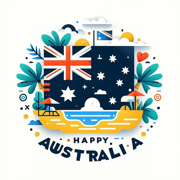 Happy Australia Day-Buchstaben Karte Australiens mit einer Flagge auf blauem Hintergrund für Drucke