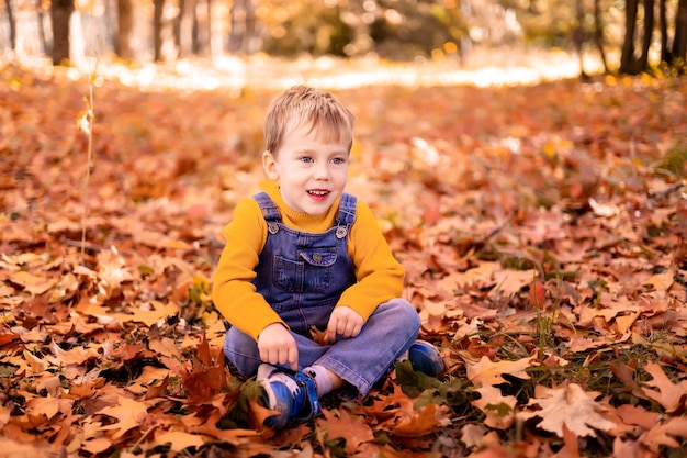 Happy Baby Boy spielen im Freien in der Natur im Herbst Park Ein kleiner Junge in einem Herbstpark Herbstunterhaltung für Kinder