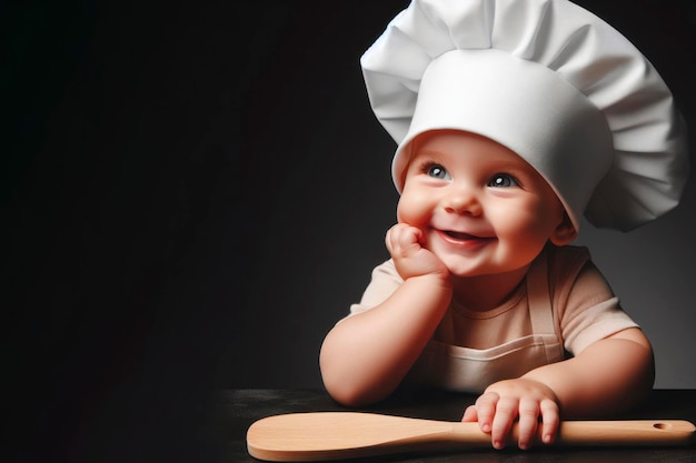 Happy Baby trägt einen Kochhut, der auf einem festen schwarzen Hintergrund isoliert ist.