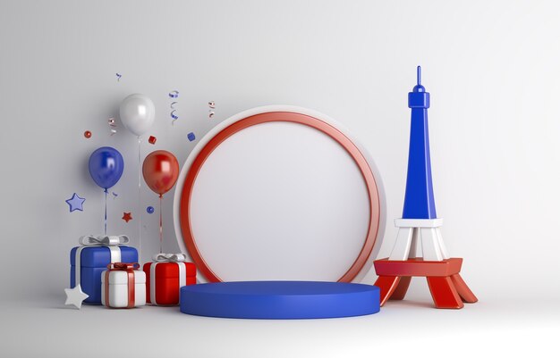 Happy Bastille Day Display Podium Dekoration Hintergrund mit Eiffelturm Ballon Geschenkbox